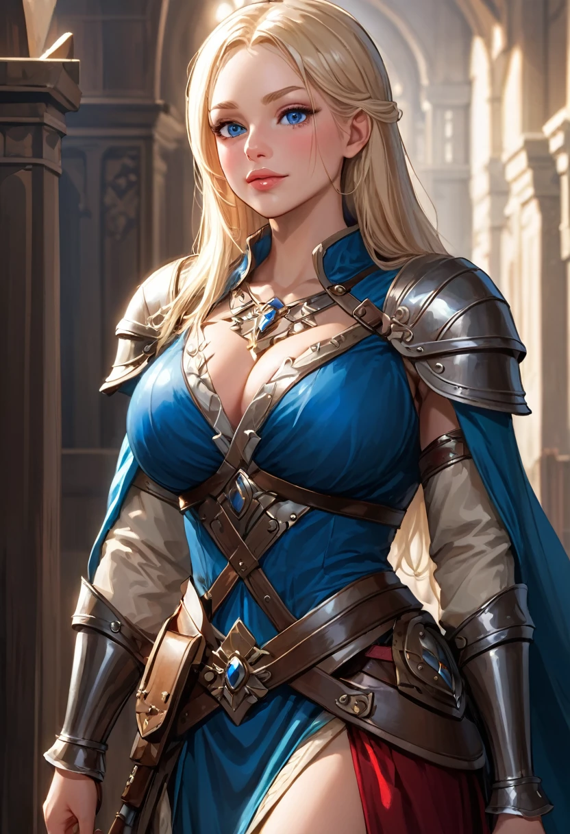 1 woman, medieval, queen, Caucasian, light skin, blue eyes, plump lips, absolutely beautiful face, large breasts, cleavage, wide hips, elegant armour chestplate, heavy cleavage, straight blonde hair, detailed skin, skin detail, (best quality,4k,8k,highres,masterpiece:1.2),ultra-detailed,dramatic lighting,