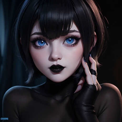 Girl with big blue eyes white skin short hair bob style thick and voluminous lips perfect detailed look seductive and perverted, HD closeup gothic makeup black lips , Manicura negra 