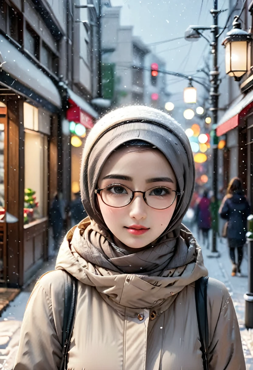 1girl, wearing glasses, jumbo hijab, close hijab, beautiful face, beautiful woman, sexy & plump body, perfect body, medium breast, perfect breasts, fullbody, wearing a hijab, wearing a winter jacket, wearing a duffle coat, carrying a bag, wearing a watch, wearing long skirt, shoes, walking on snow, in public, creatures in tokyo city, being on the street, snow on the street, it's snowing, looking at the viewer, a slight smile, realism, masterpiece, textured skin, super detail, high detail, high quality, best quality, 1080p, 16k