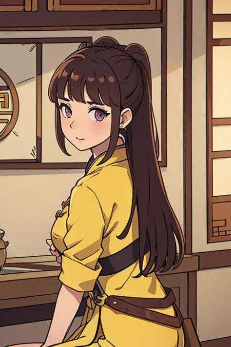 ( Best Quality, ancient china, A girl), loose hair, Brown hair, tender lilac eyes,yellow chinese dress

