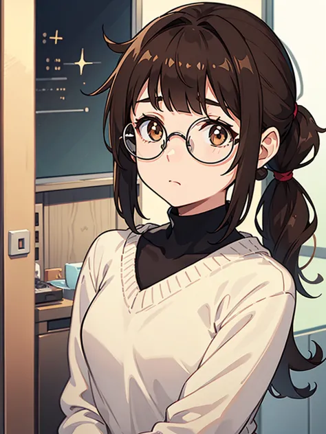 1girl, medium build, ((round glasses)), brown hair, blunt bangs, low ponytail, ponytail, brown eyes, ((neutral)), (no expression...