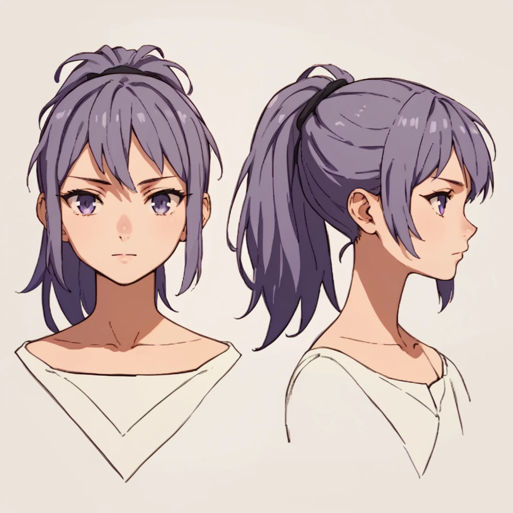 score_9, score_8_up, score_7_up, score_6_up, score_5_up, score_4_up, BREAK source_anime, frond an side, multiple views, front and side, headshot,1 female,human,Purple hair with purple strands, Ponytail, purple eyes,