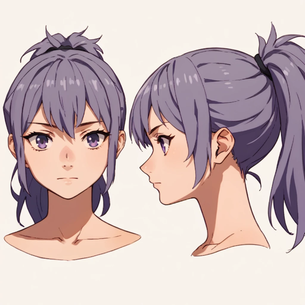 score_9, score_8_up, score_7_up, score_6_up, score_5_up, score_4_up, BREAK source_anime, frond an side, multiple views, front and side, headshot,1 female,human,Purple hair with purple strands, Ponytail, purple eyes,