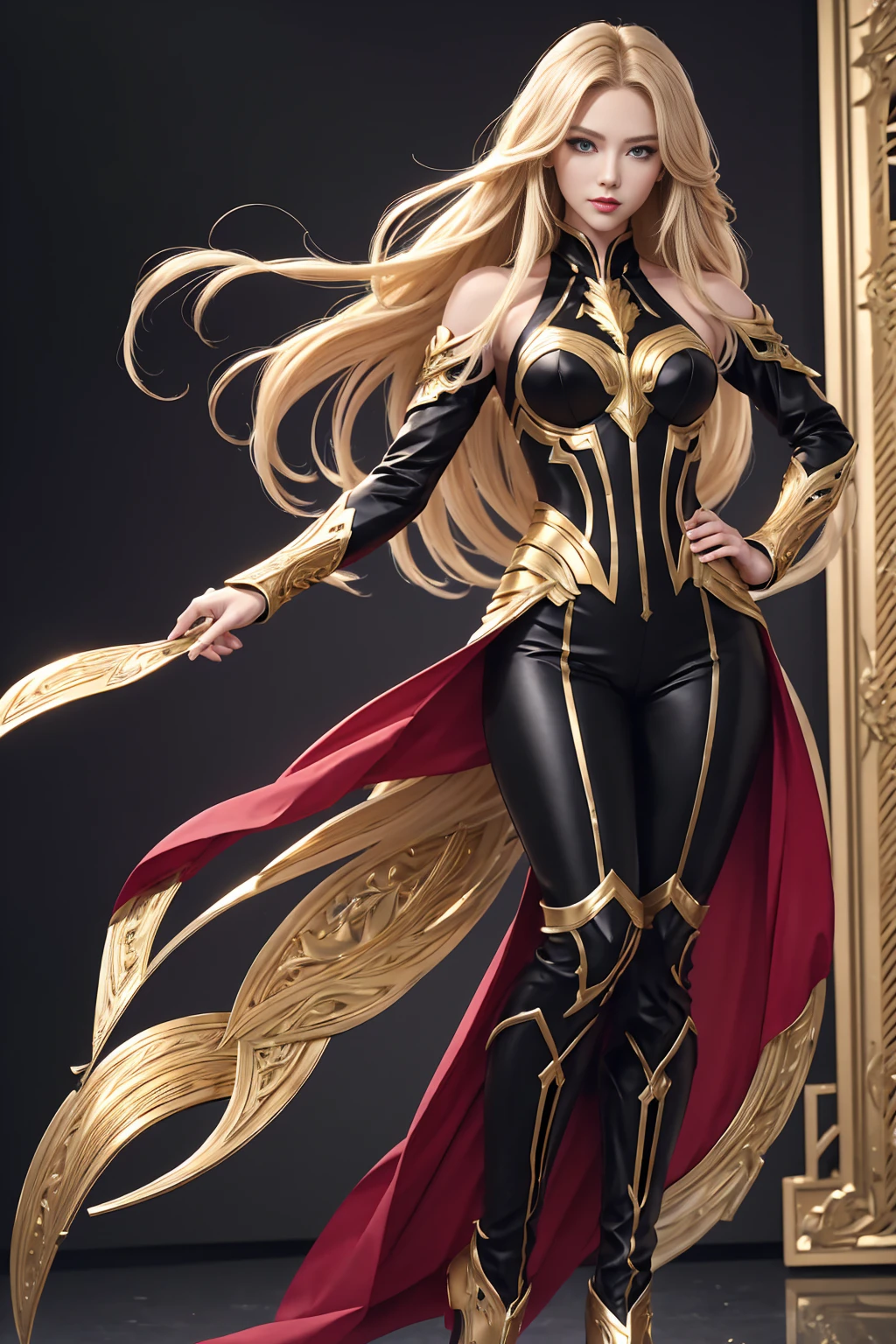 ((Full body photo, standing, feet on the ground)) ((8K, high image quality High image quality、Art: 1.4))、1 person、、Long blonde hair、gradient hair、Demon Hunter Super handsome 、Beautiful expression、Red lips, beautiful eyes with small breasts、Perfect face shape、Black and red sexy chest armor、Black and red pants and extended legs,With a large variety, golden decoration, realistic proportions、Dynamic pose、Advanced details 、complex、complex details、realistic eyes、realistic eyes、
