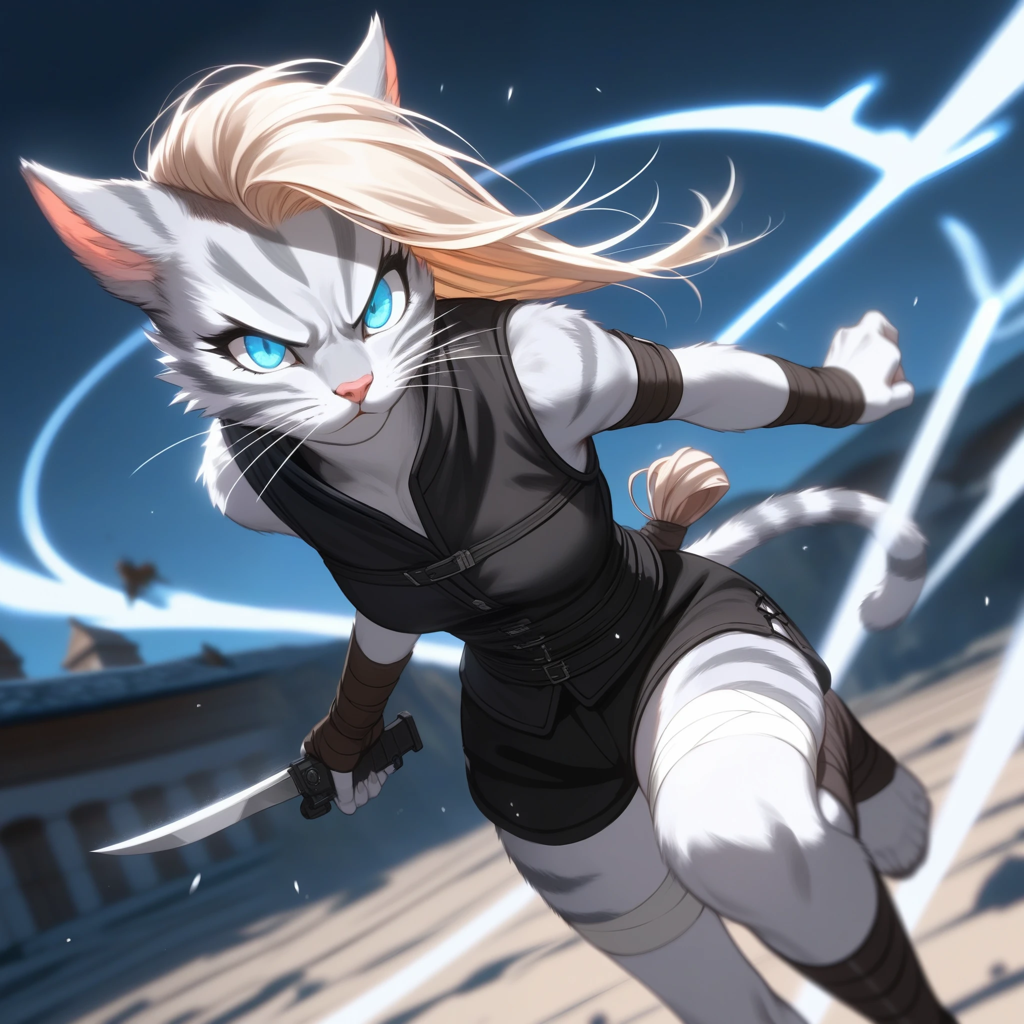 Solo, score_9,score_8_up,score_7_up, source_cartoon, cartoon, kat, Anthro furry feline, female, tall slender body, long blonde hair, long undercut hair, pink nose, blue eyes, white whiskers, silver fur, grey stripes, furry body, wearing black cloth vest, black leather medieval vest, black short shorts, adventuring gear, feet wrapped in bandages, plantigrade feet paws, holding two knives, Naruto running, running towards viewer, angry expression, glowing blue eyes, outdoors, from above, dynamic action shot, speed lines, motion blur, hands behind back