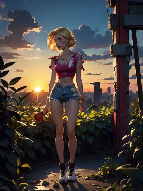 2076 year. the urban ruins of the wasteland, female huntress picking fruit in the garden, beautiful face, blonde, very torn shir...