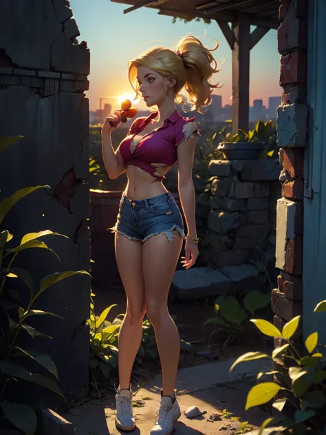 2076 year. the urban ruins of the wasteland, female huntress picking fruit in the garden, beautiful face, blonde, very torn shir...