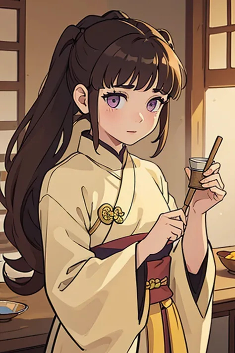 ( Best Quality, ancient china, A girl), loose hair, Brown hair, tender lilac eyes, yellow hanfu

