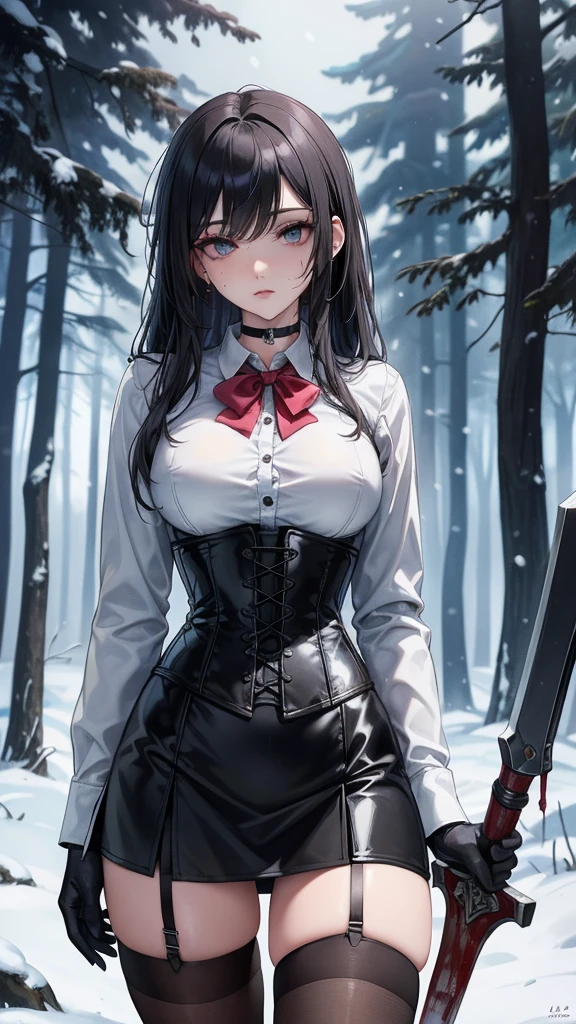 ((blood droplets)), ((blood)), ((blood splatter)), ((blood on clothes)), ((blood stain)), Masterpiece, Beautiful art, professional artist, 8k, art style by sciamano240, Very detailed face, Detailed clothing, detailed fabric, 1 girl, front view, standing, perfectly drawn body, terrified expression, pale skin, beautiful face, long black hair, Blue eyes, very detailed eyes, pink cheeks, choker:1.6, (white collar button down long sleeve shirt), black gloves, gloves that cover hands, (holding an ax in his right hand), (black leather corset), (shiny black miniskirt), Sensual Lips , evening de invierno,  show details in the eyes, looking at the viewer, Dark road, Snowy forest, evening, Atmosphere, snow