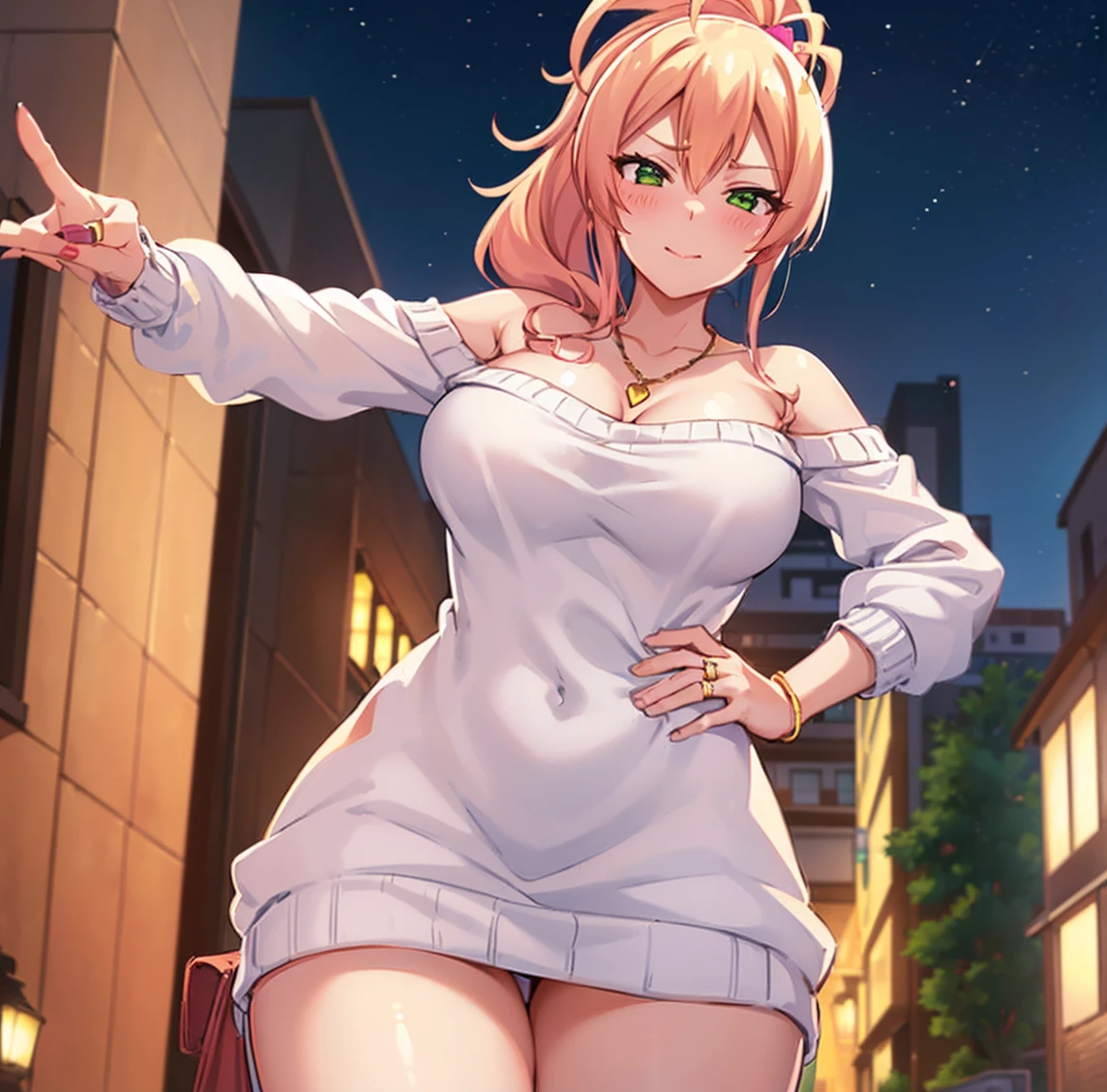 ((1girl)), ((alone)),Yukana Yame, ((extremely detailed CG unity 4k wallpaper)), (masterpiece), (ultra quality), (ultra detailed), (best illustration), (best shadow), (extremely detailed), looking at viewer, (absurdities), (detailed background), curvy body, dynamic pose, cowboy photo, large breasts, medium waist, wide hips, wide thighs, round butt,((jewelry , alone, blonde hair, ring, sweater, smile, green eyes, bag, bare shoulders, necklace, heart, heart necklace, off-the-shoulder sweater, blush, ponytail, multi-colored hair, long hair, bag, hair between eyes, cleavage, big breasts, bare shoulders, closed mouth, dress, faded hair, collarbone, bangs, white sweater, wedding ring, long sleeves, high ponytail )),smile, mouth closed)), standing, cowboy photo, backlight, ((only)), ((standing: 1.4, exterior, cityscape, streets, night, city lights, (seductive expression, blushing, sexy, closed mouth, sexy pose), looking forward, ((focus on thighs), point of view: (from below), perfect anatomy, perfect hands,