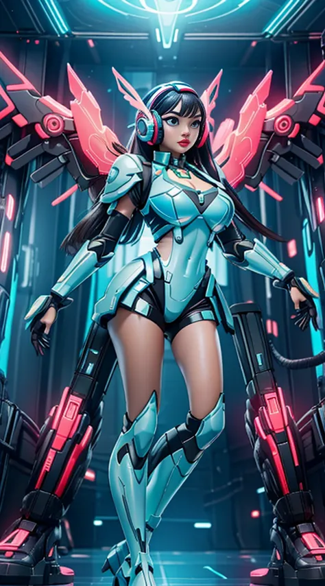 future, neon, tech Valkyrie, technology bodysuit,tech boots, tech gloves, tech headphones, cleavage, fullbody dynamic sexy pose,...