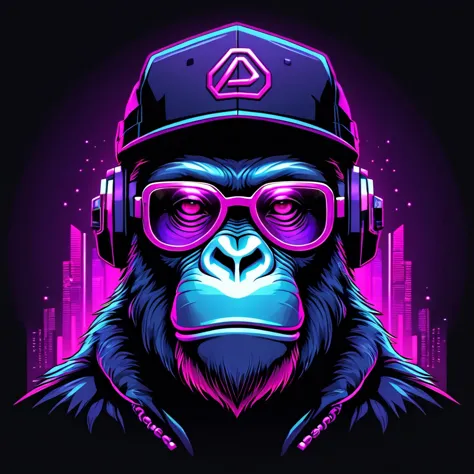 neonpunk style ape head with textless cap and vr glasses, futuristic style, t-shirt design, flat colors, vector art, ((black bac...