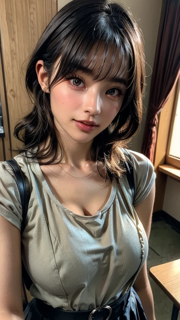 (masterpiece:1.3), (8K, Photorealistic, Raw photo, Best image quality: 1.4), Japanese schoolgirl、(Random Hairstyles:1.2)、Cleavage:1.2、Super detailed face、Attention to detail、double eyelid、Put your chest together、Sharp focus:1.2、Beautiful woman:1.4、Light brown hair、Highest quality、masterpiece、Ultra-high resolution、(Photorealistic:1.4)、, compensate, eye shadow, Thick eyelashes, Fantasy, Looking at the audience, spring ((Natural big breasts:1.2)),((Upper Body))