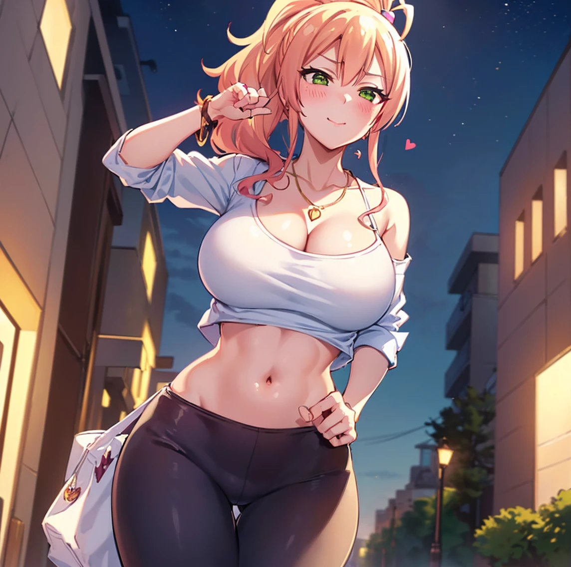 ((1girl)), ((alone)),Yukana Yame, ((extremely detailed CG unity 4k wallpaper)), (masterpiece), (ultra quality), (ultra detailed), (best illustration), (best shadow), (extremely detailed), looking at viewer, (absurdities), (detailed background), curvy body, dynamic pose, cowboy photo, large breasts, medium waist, wide hips, wide thighs, round butt,((jewelry , alone, blonde hair, ring, smile, green eyes, bag, necklace, heart, heart necklace, blush, ponytail, multicolored hair, long hair, bag, hair between eyes, cleavage, big breasts, closed mouth, hair gradient, cropped white shirt, protruding crop top, collarbone, yoga pants, tight pants, thigh gap, thick thighs, black pants, jean shot, )),smile, mouth closed)), standing, cowboy photo, backlight, ((solo)), ((standing: 1.4, exterior, cityscape, streets, night, city lights, (seductive expression, blushing, sexy, closed mouth, sexy pose), looking back, from behind, ((focus on ass), point of view: (from below), perfect anatomy, perfect hands,