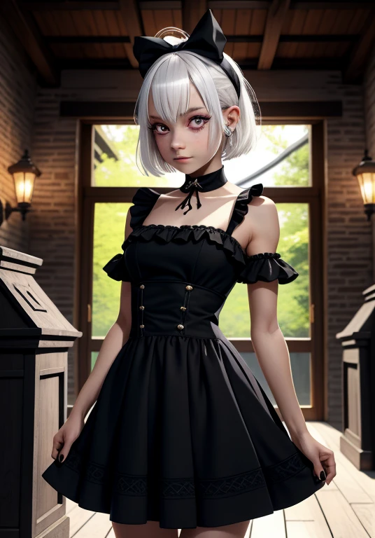 image of entire body, best quality, flat chested, flat stomach, tiny body, small stature, high quality image of an anime-style gothic girl, the girl has a very thin body, the girl has short legs, fine and thin face, her face is sad, the girl has white skin, small black bow on the upper right corner of his head, the girl has very small breasts, The girl is slightly blushing, straight bangs cover her eyebrows, the girl has little human ears, the girl has white hair, the girl has short hair, the girl is posing sexy, the girl is wearing a sexy black tight maid dress with pink ruffles, the girl's eyes are bright red, the girl are holding a bloody chainsaw, the girl has very marked black eyeliner, The background of the image is a night garden with tombs,