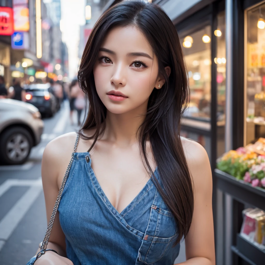 a woman, (realistic), (hyperrealism), (photorealistic), depth of field, eye makeup:0.5, (upper body:1.2), (narrow waist:0.7), looking at the viewer, casual outfit, at the city streets, topless