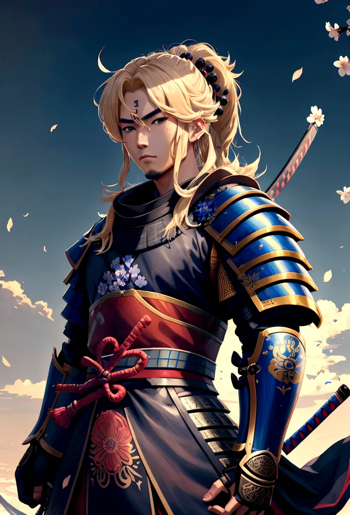 The most brave and noble turtle samurai warrior, blonde hair, blue eyes, incredibly detailed black samurai armor with mounted sa...