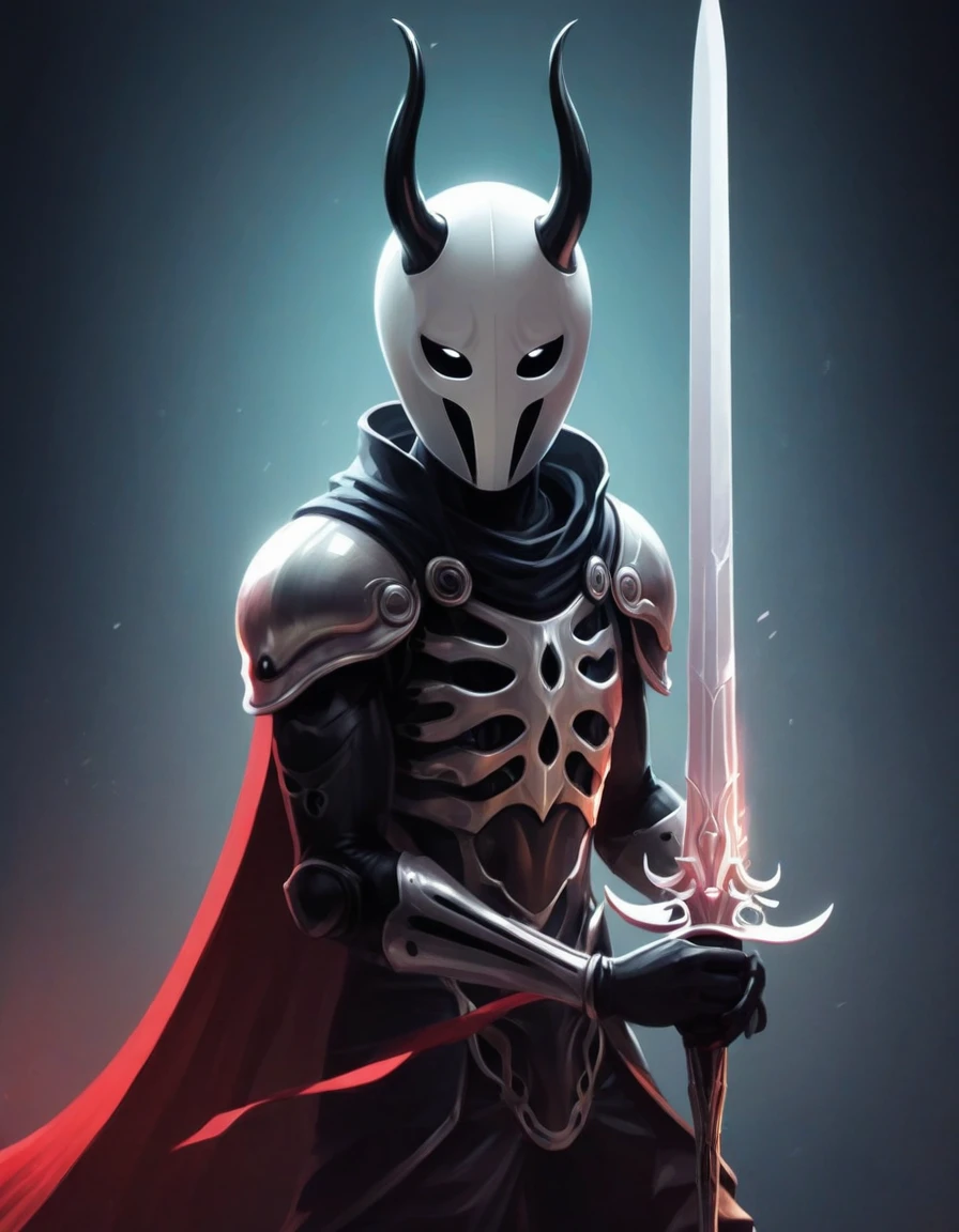 Cartoon illustration of a white red and black character with a sword, portrait of hollow knight, hollow knight style, the knight from hollow knight, hollow knight, hollow knight concept art, hornet from hollow knight, in style of cytus and deemo, hollow knight screenshot, official art, hd artwork, undertale, hypervivid intense mcbess, celshaded art, rendered art