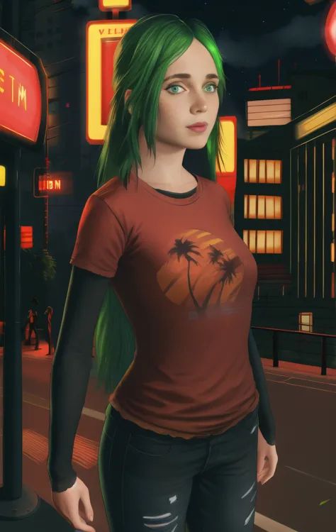 red shirt, long sleeves, standing, long hair, neon lights, night, looking at viewer, blue jeans, solo, rhea, green hair, green e...