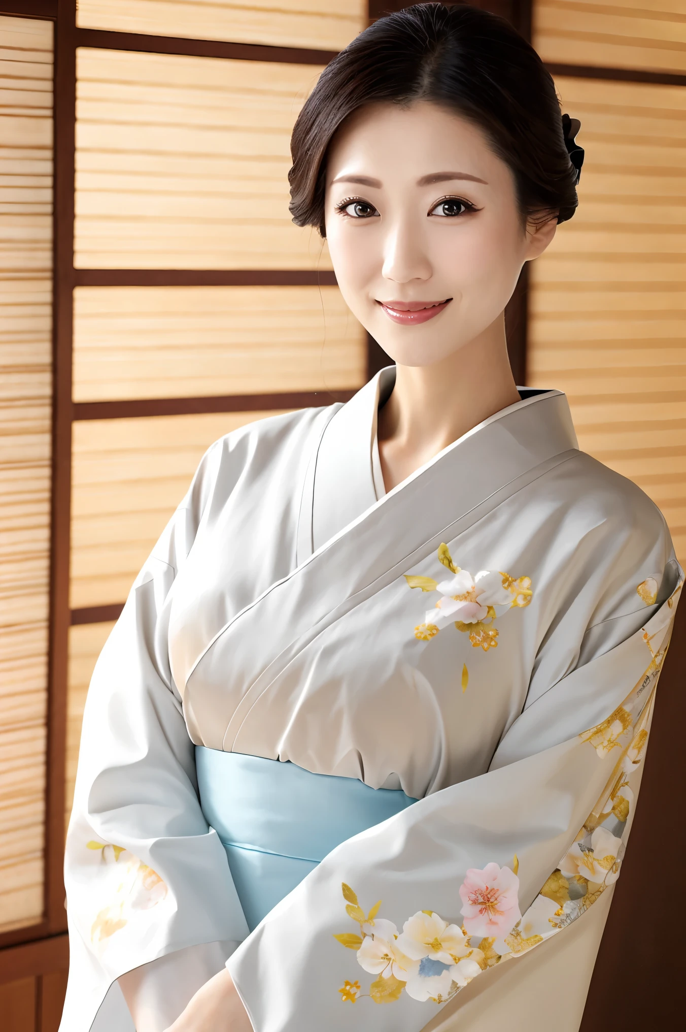 (Highest quality、Tabletop、8K、Best image quality、Award-winning works)、(One beautiful mature woman:1.1)、Mature Face、(Innkeeper:1.1)、(Elegant floral kimono:1.2)、(A kimono with a perfect and precise collar:1.2)、Perfect mature woman portrait photo、Glowing Skin、Standing Elegantly、(Blurred elegant and exquisite perfect Japanese style room background:1.3)、(The most natural and perfect tidy Japanese style room background:1.2)、Glowing White Skin、Very white skin、(Accentuate your body lines:1.1)、(The most graceful posture:1.2)、(Large Breasts:1.2)、The perfect smile、Perfect beautiful glossy lips、(Accurate anatomy:1.1)、(A perfect and elegant long sleeve kimono:1.1)、(Standing with good posture:1.1)、Close-up of face