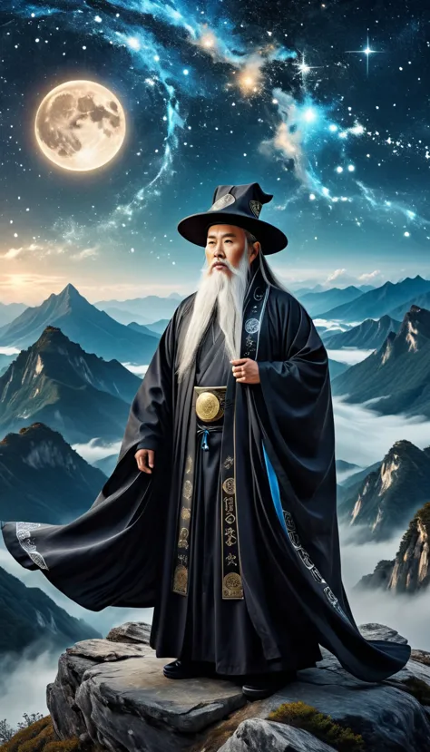 a wise old Chinese Taoist sorcerer in flowing black robe, long white beard and eyebrows, wearing a traditional scholar's hat, st...