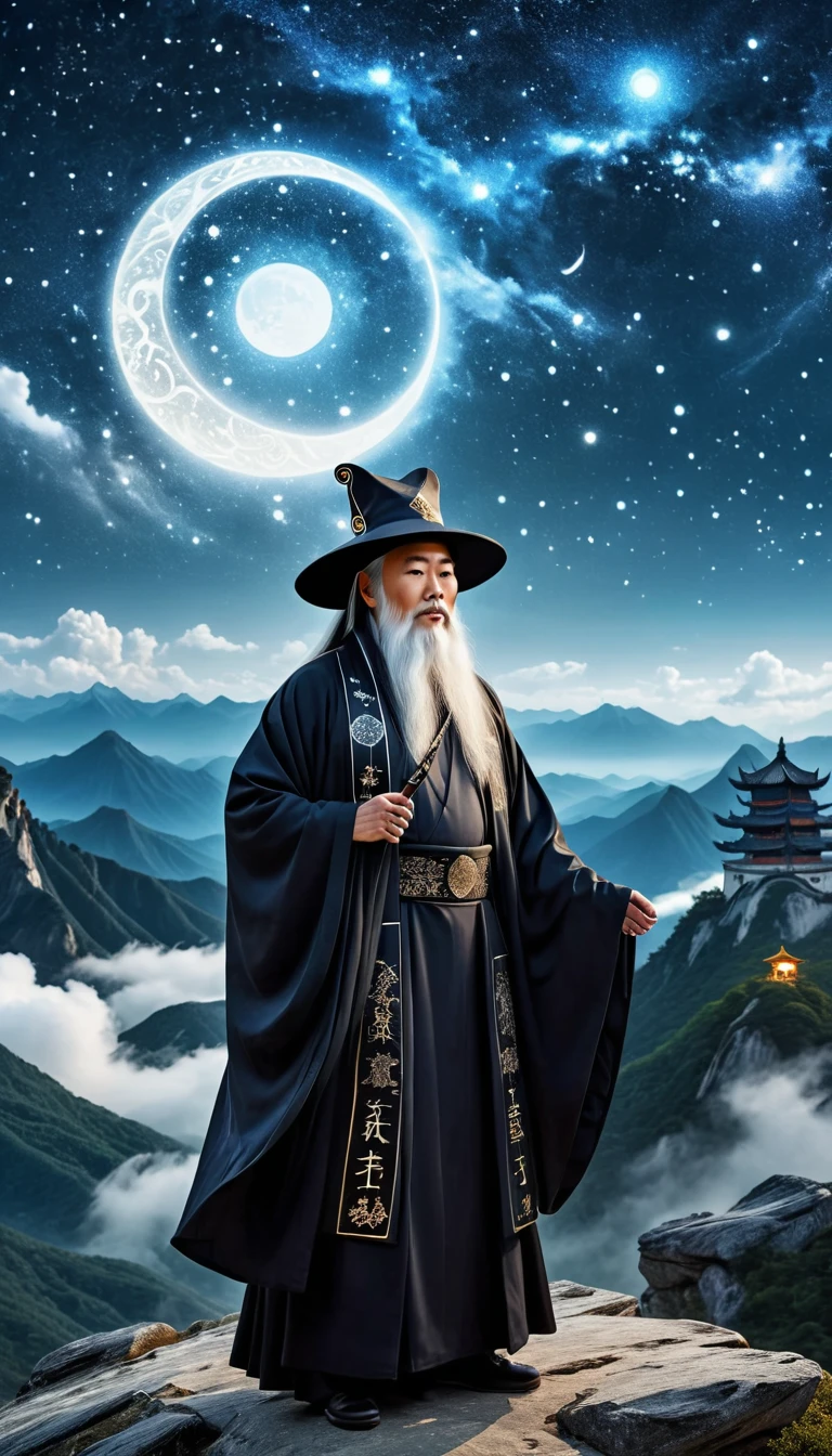 un vieux sorcier taoïste chinois sage en robe noire flottante, longue barbe blanche et sourcils, portant un chapeau traditionnel d&#39;érudit, debout sur un sommet de montagne regardant le ciel étoilé, entouré de runes et de symboles mystiques brillants, ambiance éthérée, très détaillé, Éclairage cinématographique, art numérique, art conceptuel, fantaisie