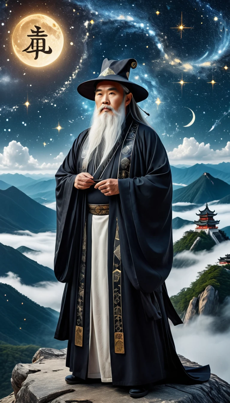 un vieux sorcier taoïste chinois sage en robe noire flottante, longue barbe blanche et sourcils, portant un chapeau traditionnel d&#39;érudit, debout sur un sommet de montagne regardant le ciel étoilé, entouré de runes et de symboles mystiques brillants, ambiance éthérée, très détaillé, Éclairage cinématographique, art numérique, art conceptuel, fantaisie