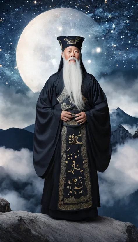 a wise old Chinese Taoist sorcerer in flowing black robe, long white beard and eyebrows, wearing a traditional scholar's hat, st...