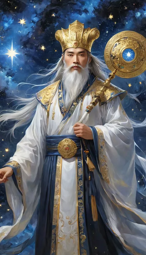 a wise old chinese taoist sorcerer in flowing black robe, long white beard and eyebrows, wearing a traditional scholar's hat, st...