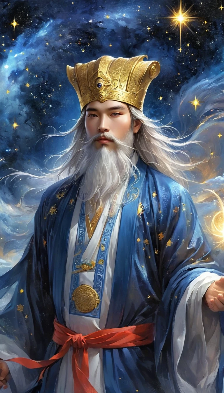 a wise old Chinese Taoist sorcerer in flowing black robe, long white beard and eyebrows, wearing a traditional scholar's hat, standing on a mountain peak gazing at the starry night sky, surrounded by glowing mystical runes and symbols, ethereal atmosphere, highly detailed, cinematic lighting, digital art, concept art, fantasy