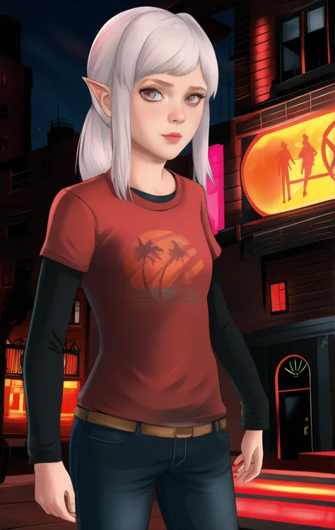 red shirt, long sleeves, standing, neon lights, night, looking at viewer, blue jeans, solo, warlysithea, white hair, pink eyes, ...