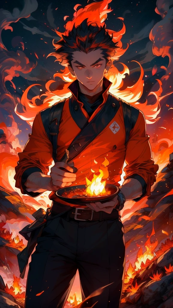 burning, explosion, fire, flame, molten rock, flaming weapon, breathing fire, campfire, flaming sword, torch, pyrokinesis, embers, fiery hair, fiery wings, fireplace, sunset, tail-tip fire, orange sky, candle, volcano, charmander, autumn, charizard, burnt clothes, 1boy, firing, twilight, autumn leaves, sun, goldfish, muzzle flash, male focus, evening, water, ocean, magic, phoenix, red sky, sparks, orange theme, solo, cooking, red eyes, gradient sky, dusk, paper lantern, orange \(fruit\), long sideburns, lantern, smoke, standing on liquid, vision \(genshin impact\), bomb, belt, jewelry