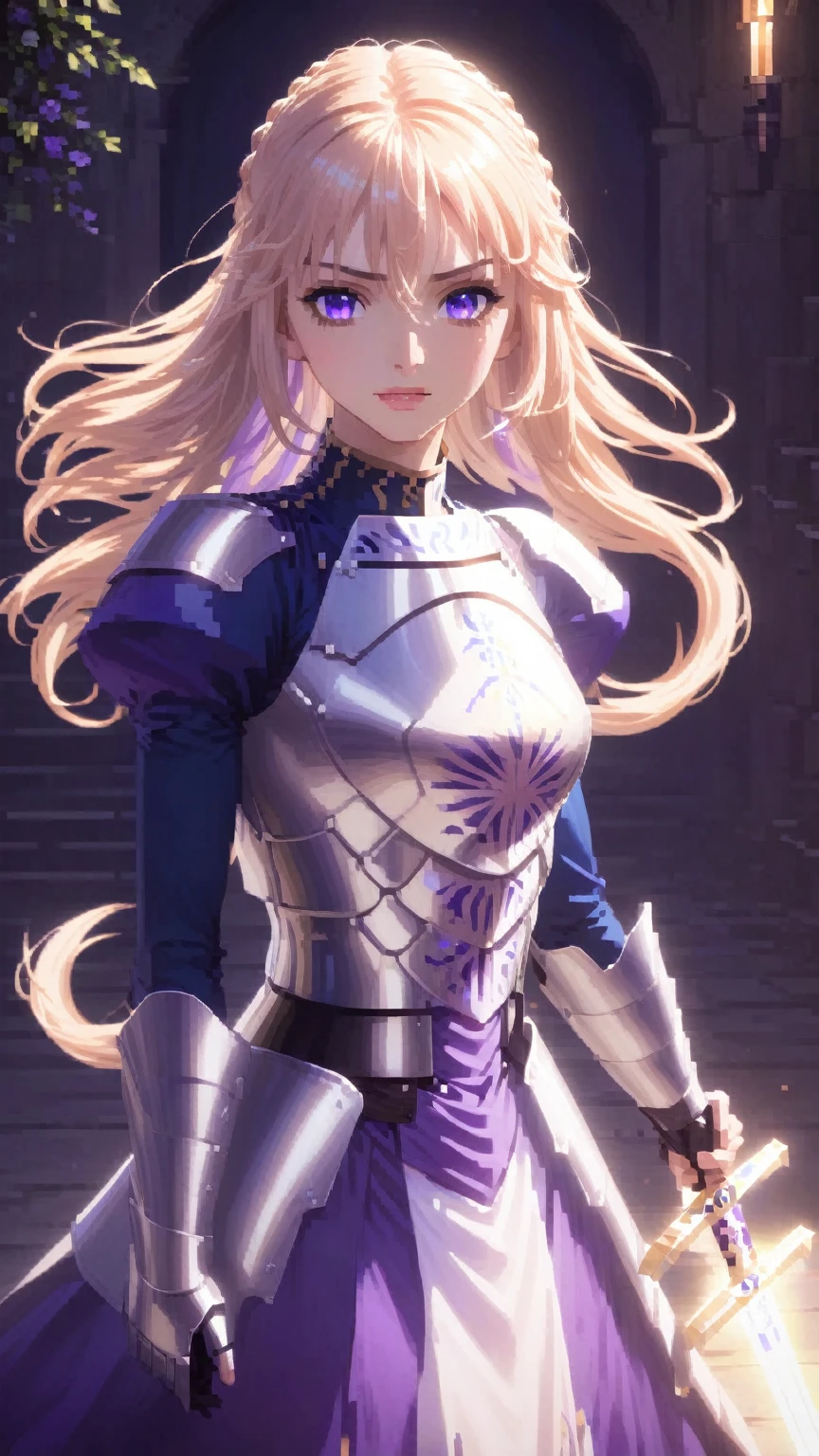 female, purple eyes, flowing hair, glowing hair, calm face, armored dress, glowing beautiful shading, pretty, standing, holding holy sword