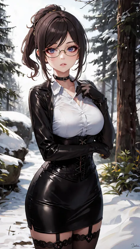 1 girl, chiori \(genshin impact\), alone, choker:1.6, white long sleeve shirt with collar, black leather corset, black gloves th...