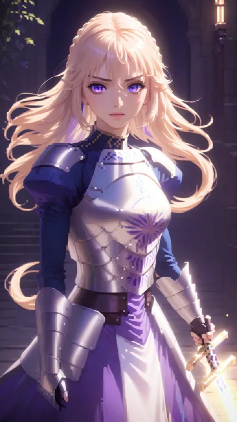 female, purple eyes, flowing hair, glowing hair, calm face, armored dress, glowing beautiful shading, pretty, standing, holding ...