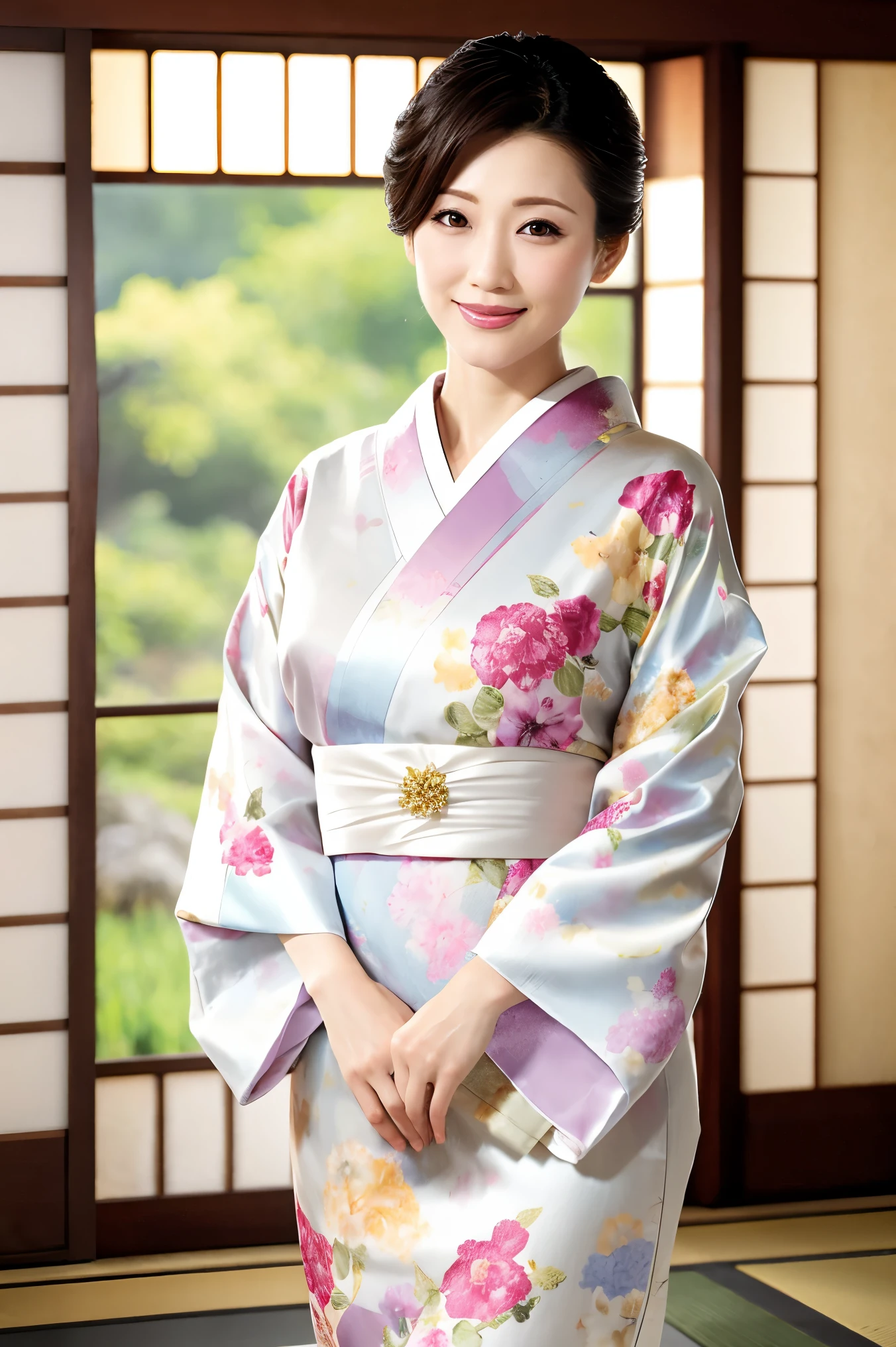 (Highest quality、Tabletop、8K、Best image quality、Award-winning works)、(One beautiful mature woman:1.1)、(Innkeeper:1.1)、(Elegant floral kimono:1.2)、 kimono with a perfect and precise collar:1.2)、Perfect mature woman portrait photo、Glowing Skin、Standing Elegantly、(Blurred elegant and exquisite perfect Japanese style room background:1.3)、(The most natural and perfect tidy Japanese style room background:1.2)、Glowing White Skin、Very white skin、(Accentuate your body lines:1.1)、(The most graceful posture:1.2)、(Large Breasts:1.2)、Smiling with perfect beautiful teeth