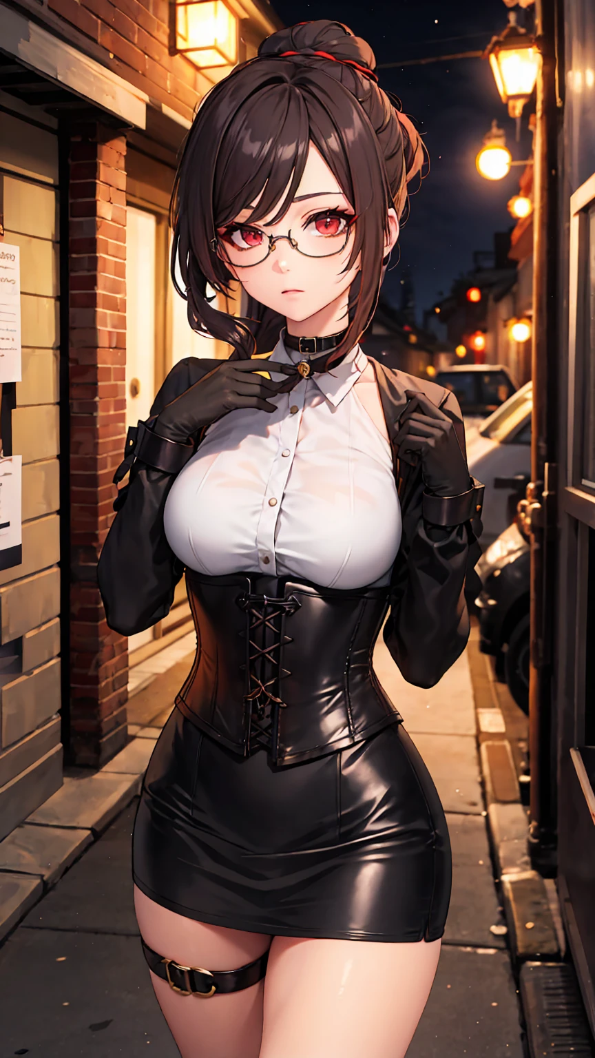 1 girl, Chiori \(genshin impact\), Alone, choker:1.6, White long sleeve shirt with long sleeve collar, black leather corset, black gloves that cover your hands, shiny black tight mini skirt, shackles, glasses, looking at the viewer,, inside, depth of field, expressionless, alley, at night