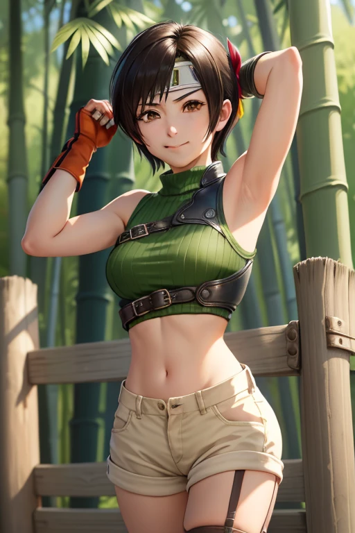 masterpiece, best quality, yuffie kisaragi, headband, green crop top, shoulder armor, armguard, fingerless gloves, tan shorts, single thighhigh, fishnets, upper body, looking at viewer, furrowed brow, smug smile, closed mouth, grass, bamboo, sky, arms up, armpits visible, sweaty armpits