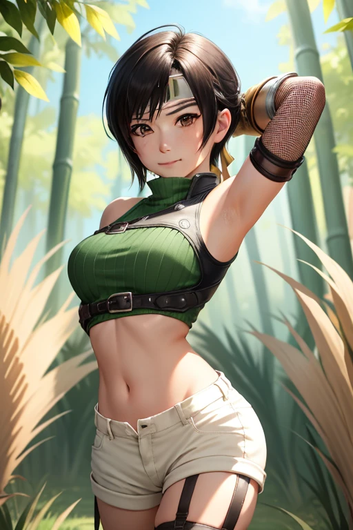 masterpiece, best quality, yuffie kisaragi, headband, green crop top, shoulder armor, armguard, fingerless gloves, tan shorts, single thighhigh, fishnets, upper body, looking at viewer, furrowed brow, smug smile, closed mouth, grass, bamboo, sky, arms up, armpits visible, sweaty armpits