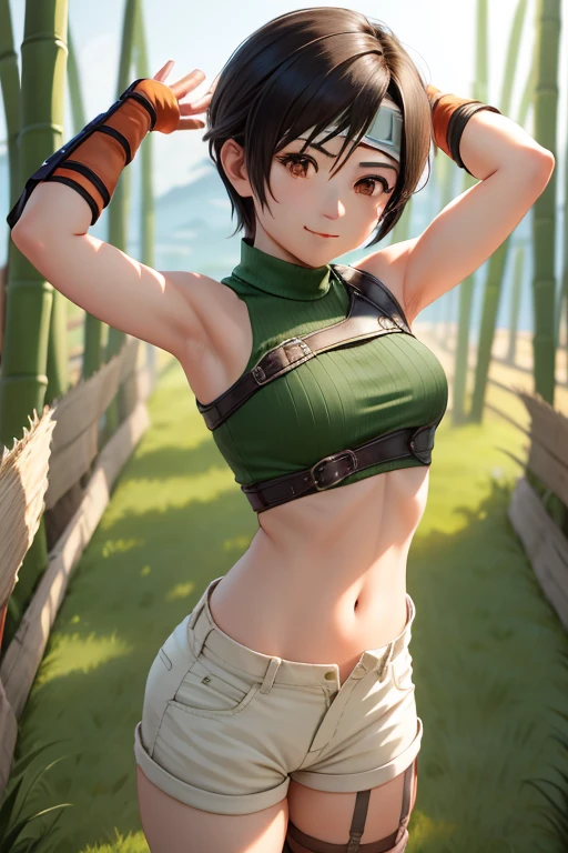 masterpiece, best quality, yuffie kisaragi, headband, green crop top, shoulder armor, armguard, fingerless gloves, tan shorts, single thighhigh, fishnets, upper body, looking at viewer, furrowed brow, smug smile, closed mouth, grass, bamboo, sky, arms up, armpits visible, sweaty armpits