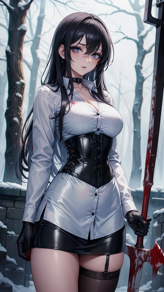 ((blood droplets)), ((blood)), ((blood splatter)), ((blood on clothes)), ((blood stain)), Masterpiece, Beautiful art, professional artist, 8k, art style by sciamano240, Very detailed face, Detailed clothing, detailed fabric, 1 girl, front view, standing, perfectly drawn body, terrified expression, pale skin, beautiful face, long black hair, Blue eyes, very detailed eyes, pink cheeks, choker:1.6, (white collar button down long sleeve shirt), black gloves, gloves that cover hands, (holding an ax in his right hand), (black leather corset), (shiny black miniskirt), Sensual Lips , evening de invierno,  show details in the eyes, looking at the viewer, Dark road, Snowy forest, evening, Atmosphere, snow