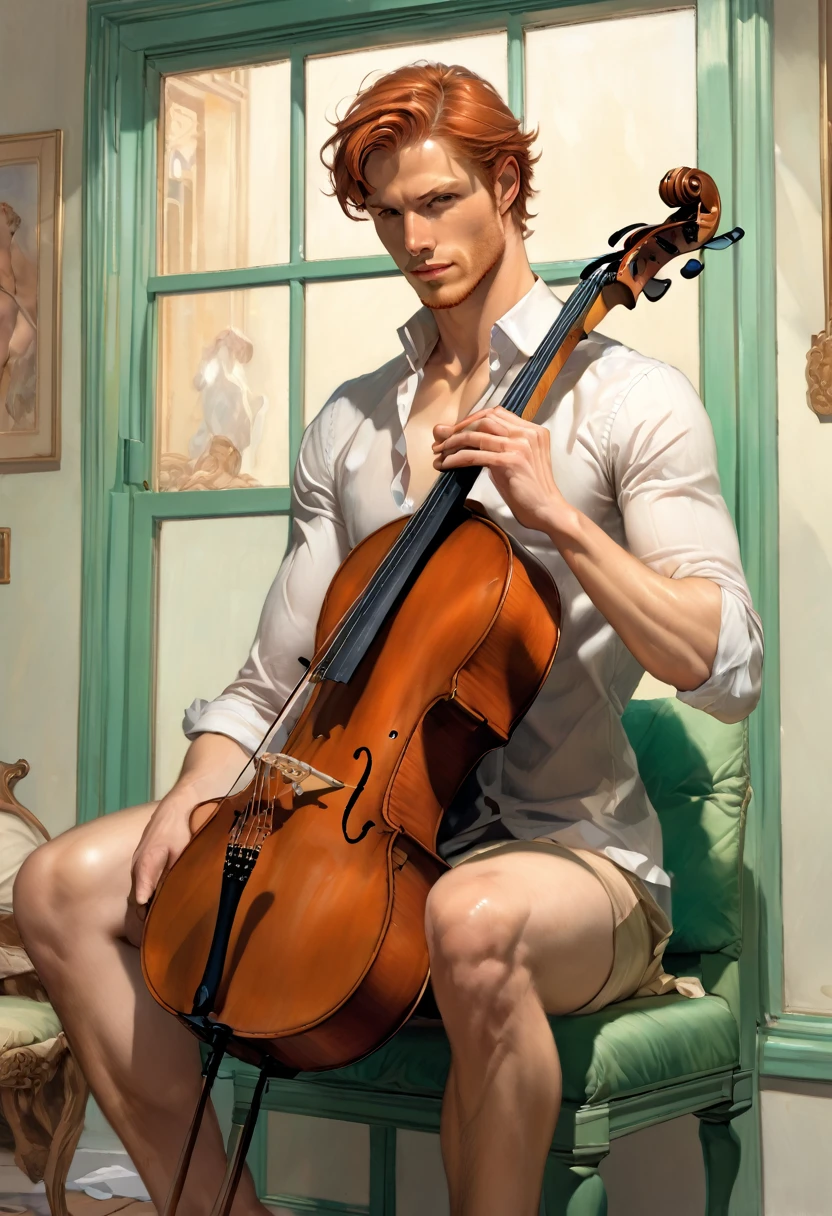 anime+hentai+yaoi art style,
1 latino man behind the window is watching to a ginger man playing a cello by Aaron Horkey and Jeremy Mann, masterpiece, best quality, Photorealistic, ultra-high resolution, photographic light, illustration by MSchiffer, fairytale, Hyper detailed A mixture of photography and painting, simetryc Composition, Perfect Divine Proportione, 8k resolution fullbody image,(( view from above)) full body, oil painting high chroma colors A young man, white skin, ginger, barbed, hairy body, thin face, straight nose, thin lips, square chin, large light blue eyes, short red wavy hair, in roberto ferri style, aesthetic slim athletic body, ginger realistic skin, gorgeous, detailed tonned muscles, barefoot, perfect anatomy, muscled fitness body, Young man, perfect anatomy, , energetic splendid, Barefoot, naked, small flacid penis, slim and detailed muscles, shirtless, pantless, fullbody, wearing sandals, the composition of shadows and lights give an atmosphere of spaciousness, he is sitting naked playing a green high-chroma cello in the backgroound, gargen with pastel green jazmis
