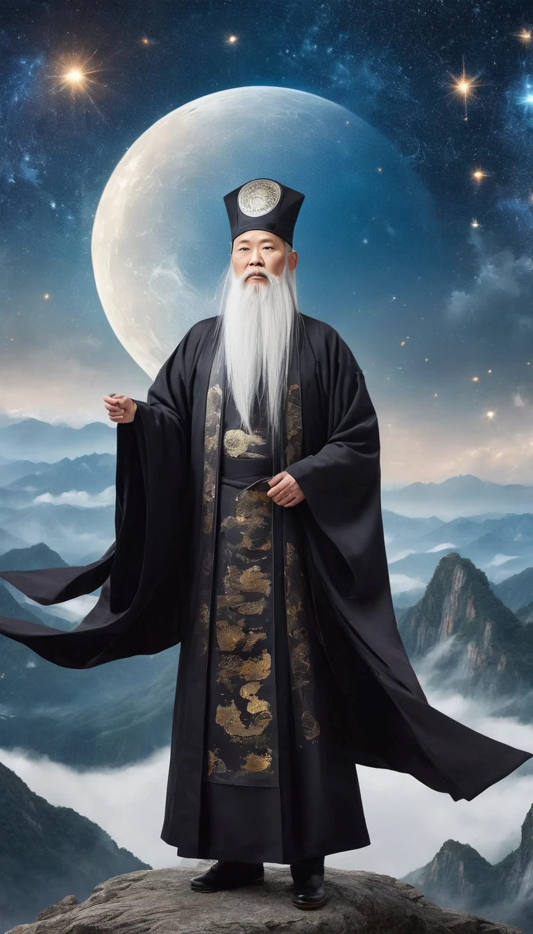 a wise old Chinese Taoist sorcerer in flowing black robe, long white beard and eyebrows, wearing a traditional scholar's hat, standing on a mountain peak gazing at the starry night sky, surrounded by glowing mystical runes and symbols, ethereal atmosphere, highly detailed, cinematic lighting, digital art, concept art, fantasy