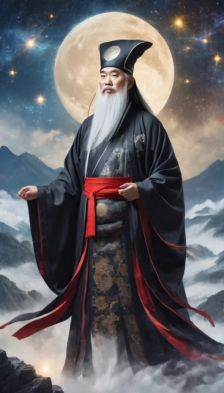 un vieux sorcier taoïste chinois sage en robe noire flottante, longue barbe blanche et sourcils, portant un chapeau traditionnel d&#39;érudit, debout sur un sommet de montagne regardant le ciel étoilé, entouré de runes et de symboles mystiques brillants, ambiance éthérée, très détaillé, Éclairage cinématographique, art numérique, art conceptuel, fantaisie