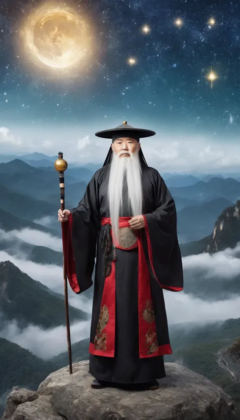 a wise old Chinese Taoist sorcerer in flowing black robe, long white beard and eyebrows, wearing a traditional scholar's hat, st...