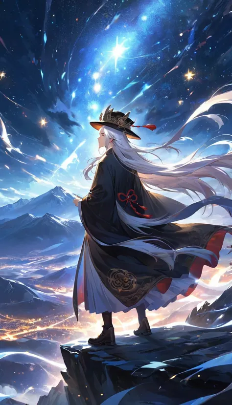 a wise old Chinese Taoist sorcerer in flowing black robe, long white beard and eyebrows, wearing a traditional scholar's hat, st...