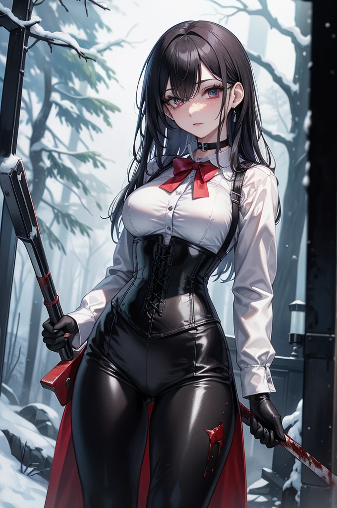 ((blood droplets)), ((blood)), ((blood splatter)), ((blood on clothes)), ((blood stain)), Masterpiece, Beautiful art, professional artist, 8k, art style by sciamano240, Very detailed face, Detailed clothing, detailed fabric, 1 girl, front view, standing, perfectly drawn body, terrified expression, pale skin, beautiful face, long black hair, Blue eyes, very detailed eyes, pink cheeks, choker:1.6, (white collar button down long sleeve shirt), black gloves, gloves that cover hands, (holding an ax in his right hand), (black leather corset), (shiny black leggings), Sensual Lips , evening de invierno,  show details in the eyes, looking at the viewer, Dark road, Snowy forest, evening, Atmosphere, snow