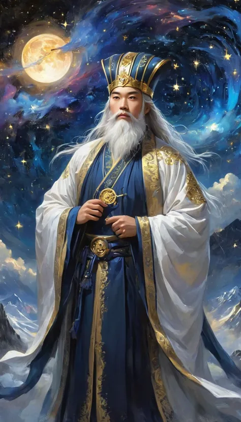 a wise old chinese taoist sorcerer in flowing black robe, long white beard and eyebrows, wearing a traditional scholar's hat, st...