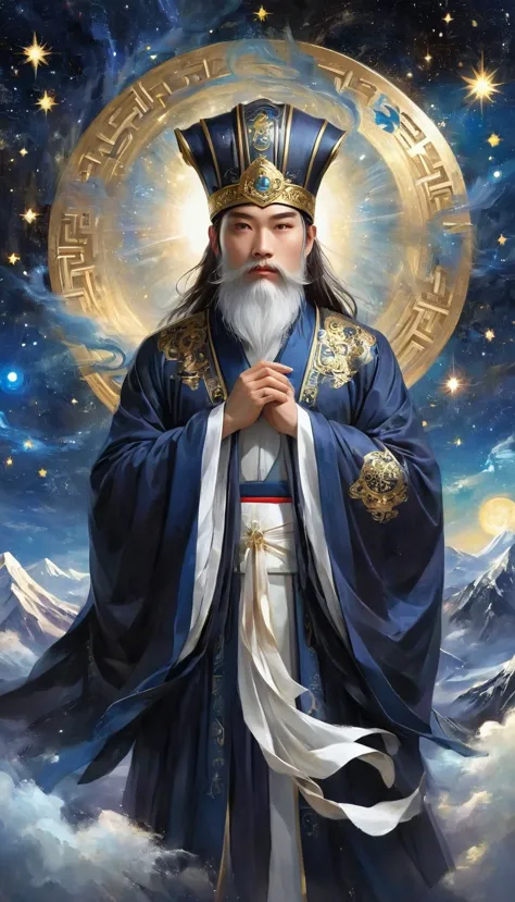 a wise old chinese taoist sorcerer in flowing black robe, long white beard and eyebrows, wearing a traditional scholar's hat, st...