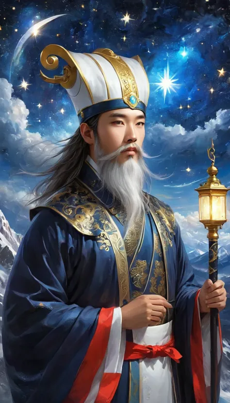 a wise old chinese taoist sorcerer in flowing black robe, long white beard and eyebrows, wearing a traditional scholar's hat, st...